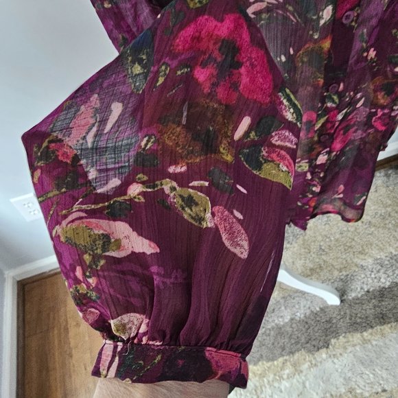 KUT from the KLOTH purple BLOUSE top FLORAL l/s SHEER hi-low BUTTONS - Picture 8 of 12